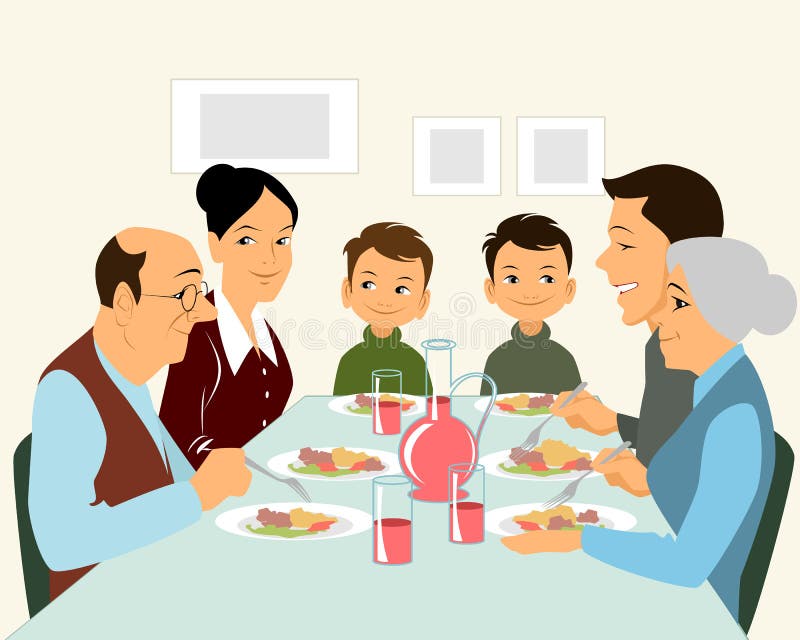 Vector illustration of a big family eating