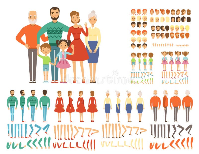 big family mascot creation set characters father mother grandparents daughter son body parts poses d animation big family 195685642