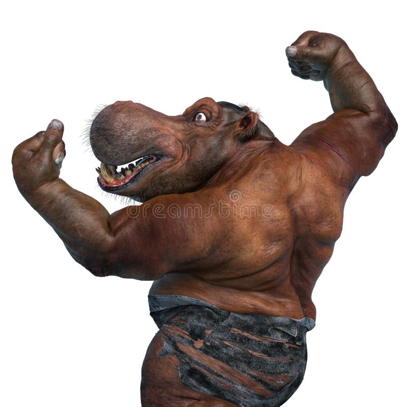 Big and Fat Hippopotamus Mutant is Doing a Muscular Pose in a White