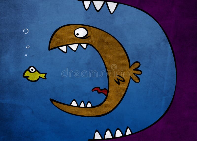 Big fish eat little stock illustration. Image of yellow
