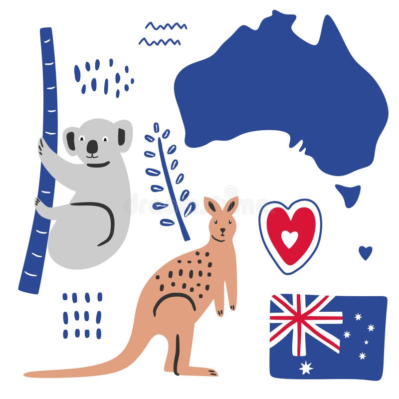 Big flat set of Australian famous icons koala  kangaroo  flag and map isolated on white background. Traditional cuisine