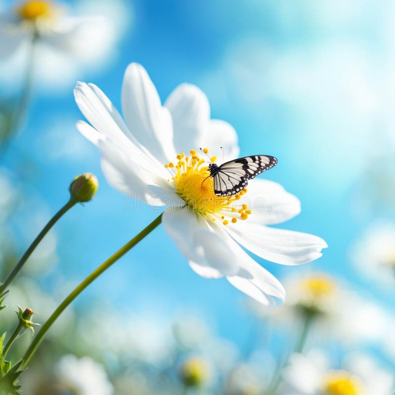 Big flower daisie on summer spring meadow with blue sky and flying butterfly. Summer butterfly background on meadow. The butterfly sits on a large white daisy with a yellow middle.