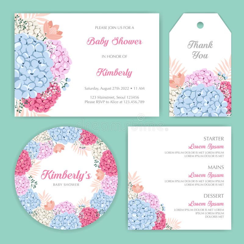 Floral pastel baby shower set with invitation,thank you tag,placemat,coaster,menu card. can be used for unisex babies. Unisex baby shower vectors