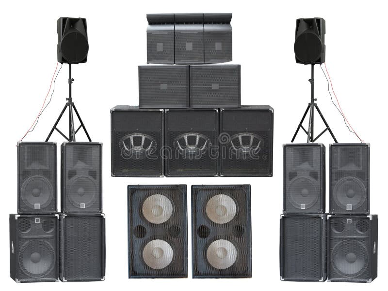 Big group of old industrial powerful stage sound speakers isolated over white