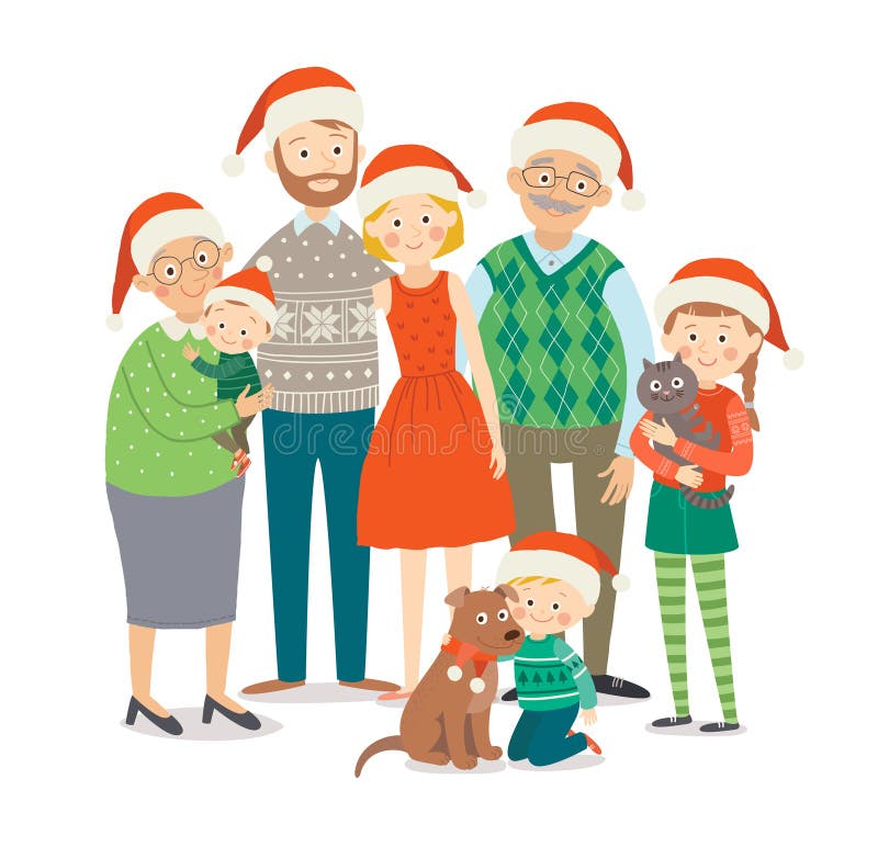 Big happy family in Christmas hats with pets. Grandparents, parents and children together. Cartoon vector hand drawn eps stock illustration Big happy family in Christmas hats with pets. Grandparents, parents and children together. Cartoon vector hand drawn eps stock illustration