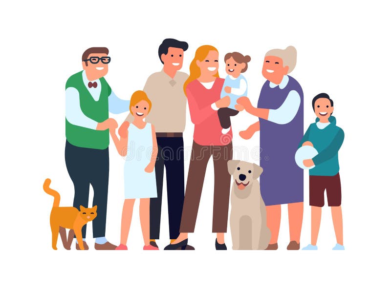 Big happy family. Relatives group portrait in full growth, parents, grandparents, children and a pets, teenages and todler together vector concept