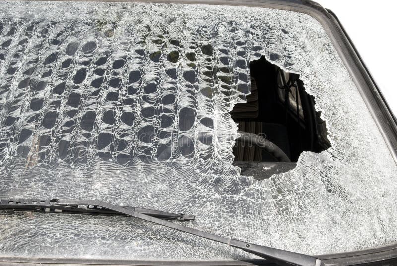 Big hole in windshield stock images
