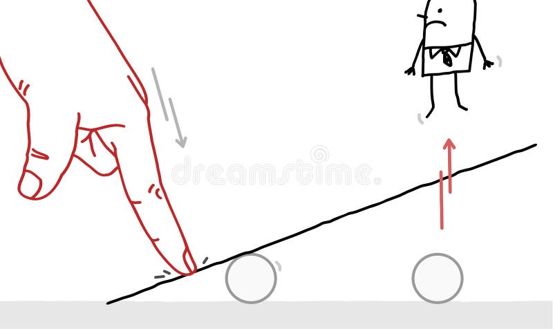 Big Human Finger Pushing on a teeter board, and Bumping off a Cartoon Man royalty free illustration