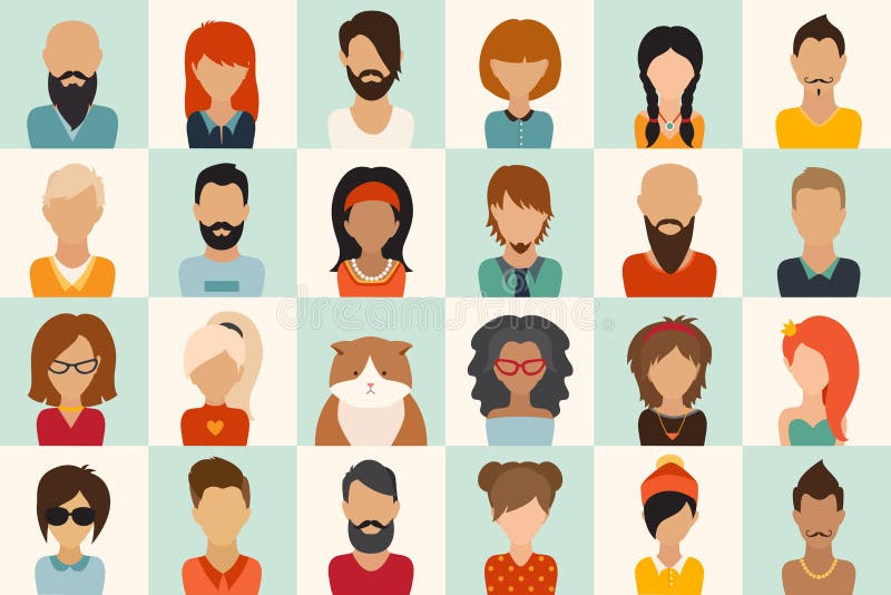 Big icons set. 12 women, 11 men and 1 cat flat icon vector illustration vector illustration