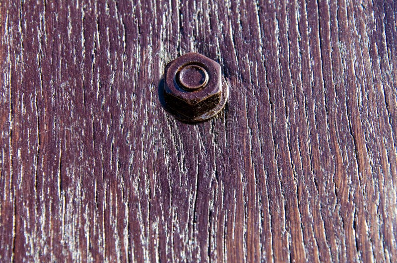 Big Iron Nut on a Wooden Panel. Wood Texture, Closeup Stock Photo