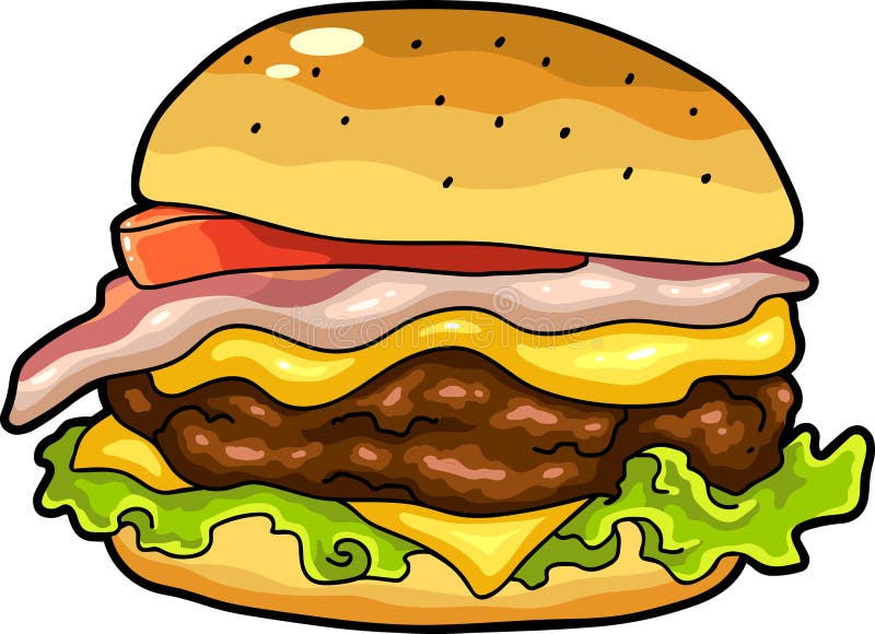 Big Juicy Cheeseburger med Bacon Lettuce Tomato och Beef Patty royaltyfri illustrationer
