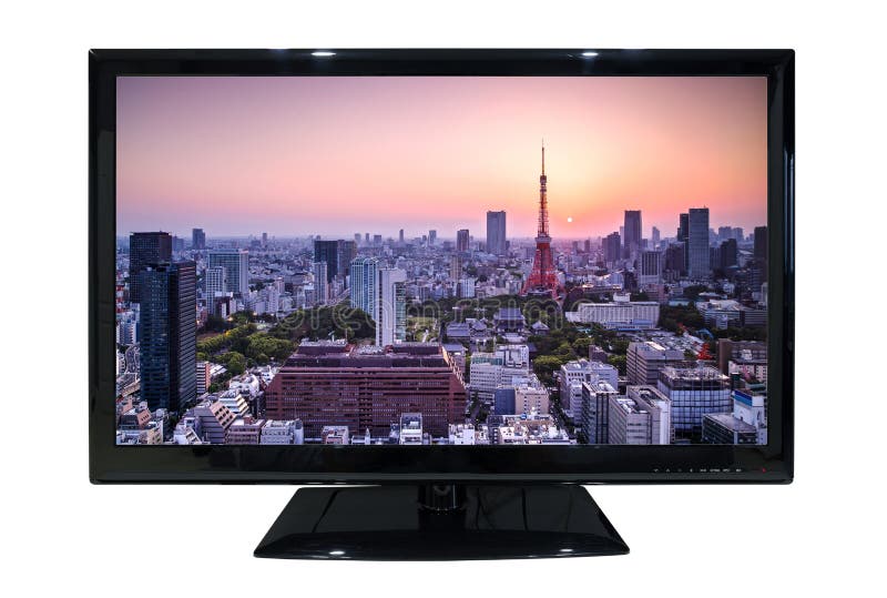 Big led tv with cityscape view isolated on white background royalty free stock photography
