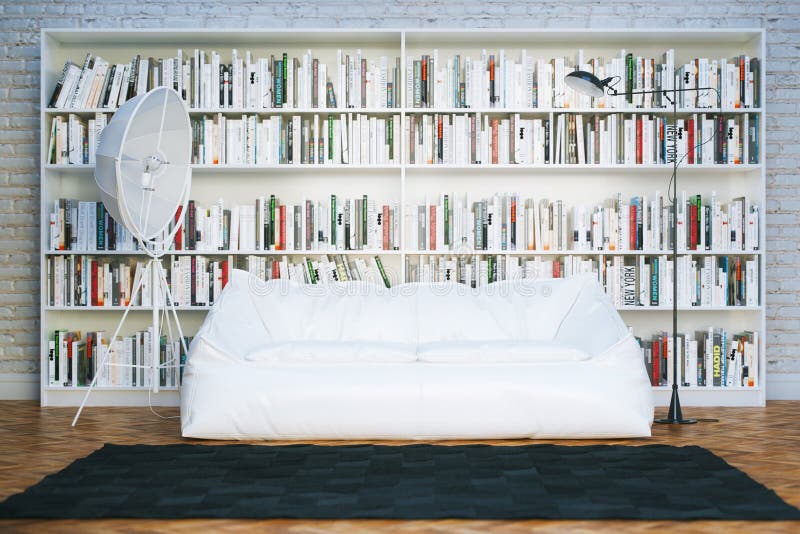 Grandi mensole libreria con molti libri in bianco contemporaneo salone interno.