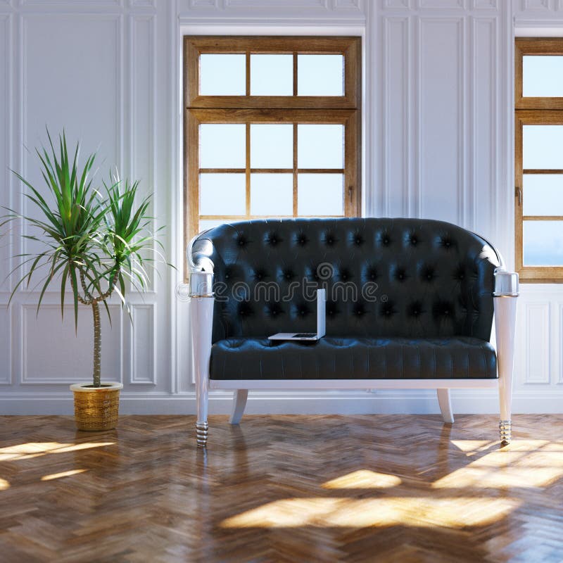 Big living room with black leather sofa in center and big window