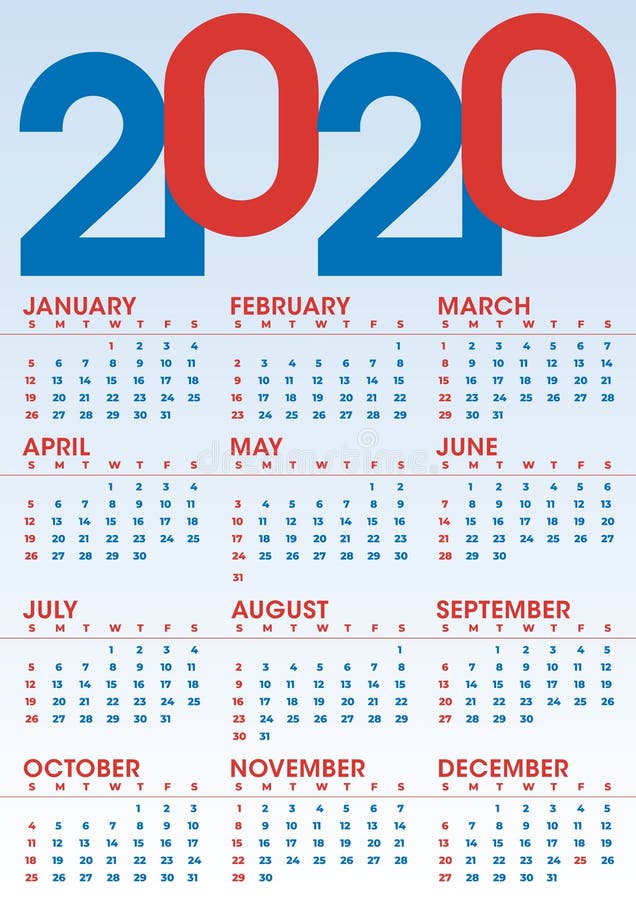2020 Vertical Calendar Design, Saturday and Sunday Selected in