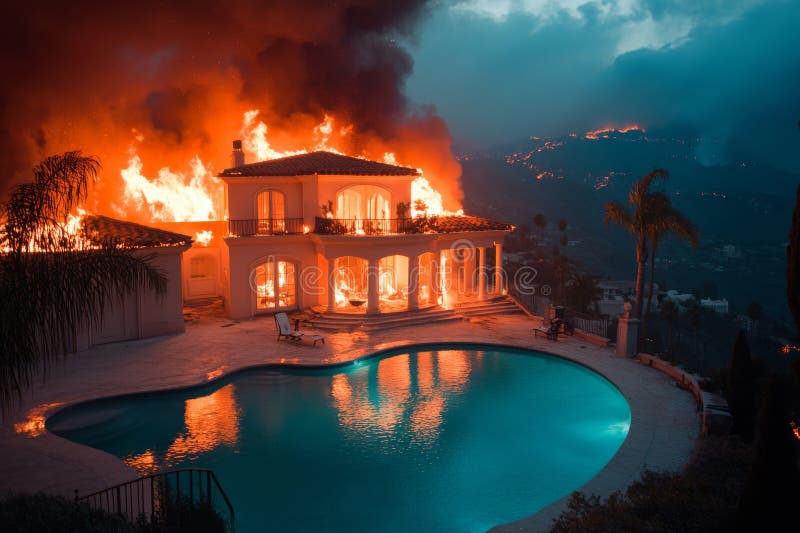 Big mansion house with pool burning from wildfire. Generative AI. stock illustration