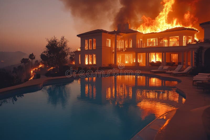 Big mansion house with pool burning from wildfire. Generative AI. stock illustration