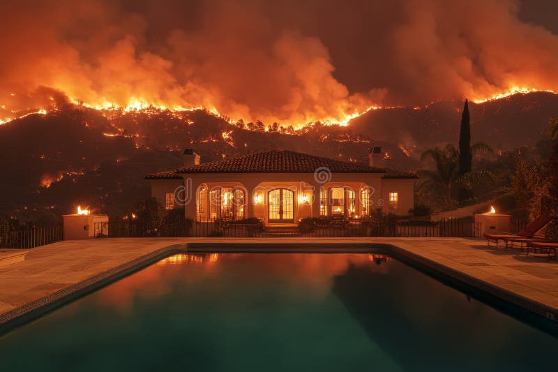 Big mansion house with pool burning from wildfire. Generative AI. stock illustration