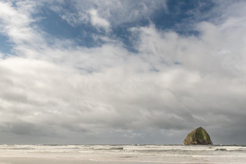 A big mossy rock formation in the sea seen from the Oregon coast in Siletz Bay, OR, US