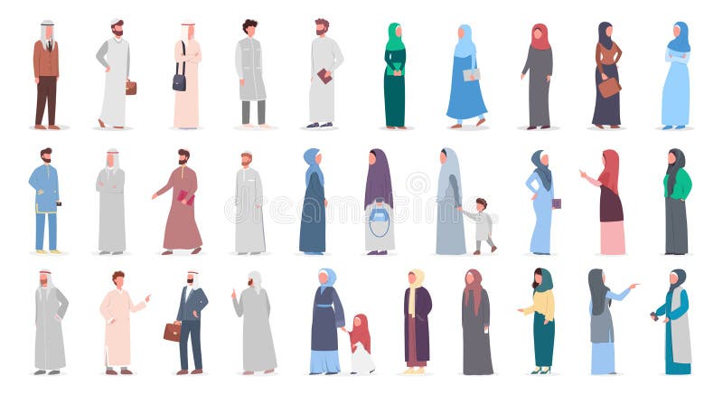 Big muslim people set. Arabian woman and man collection in different suit and traditional clothes. Woman wearing hijab. Islam religion. Isolated vector illustration
