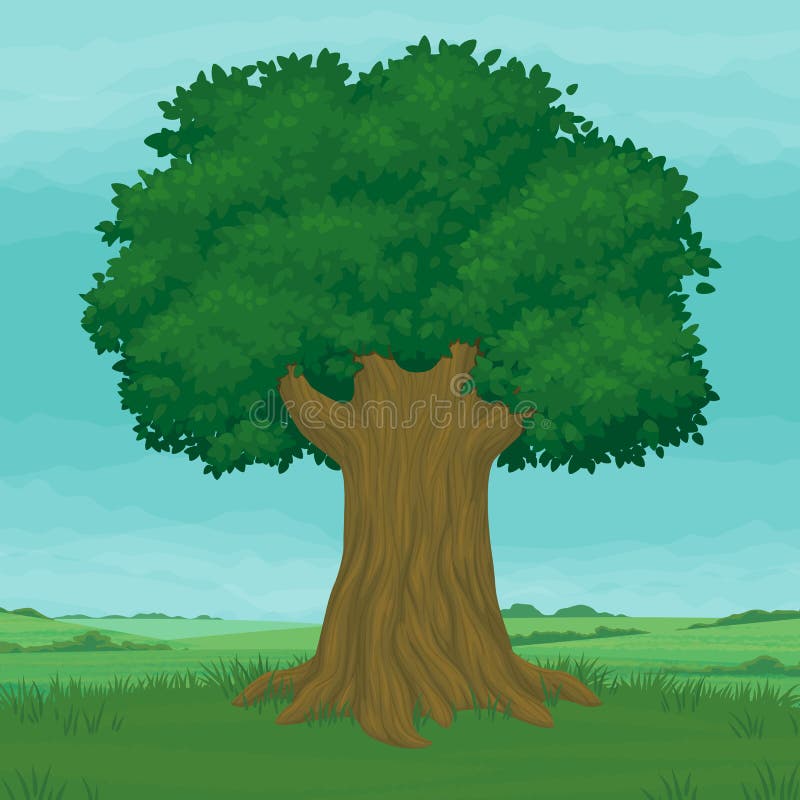 Big old tree with lush foliage on a green meadow. Fields and a blue sky in the background. Vector illustration. Summer, spring