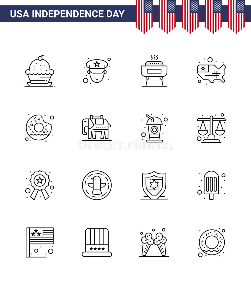 Big Pack of 16 USA Happy Independence Day USA Vector Lines and Editable Symbols of round; usa; barbeque; united; map vector illustration