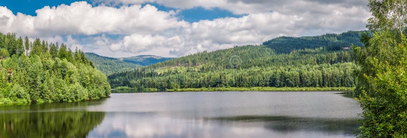 Big panorama of mountain lake between forests