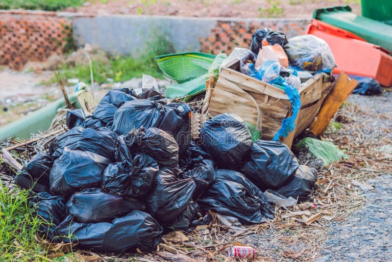 Lots Big Black Garbage Bags Cleaning Stock Photo 749572357