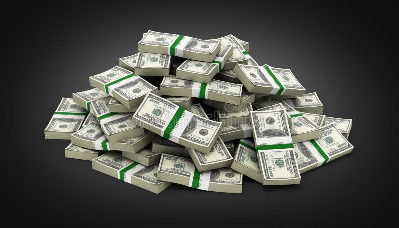Big pile of money american dollar bills on black gradient background 3d. 