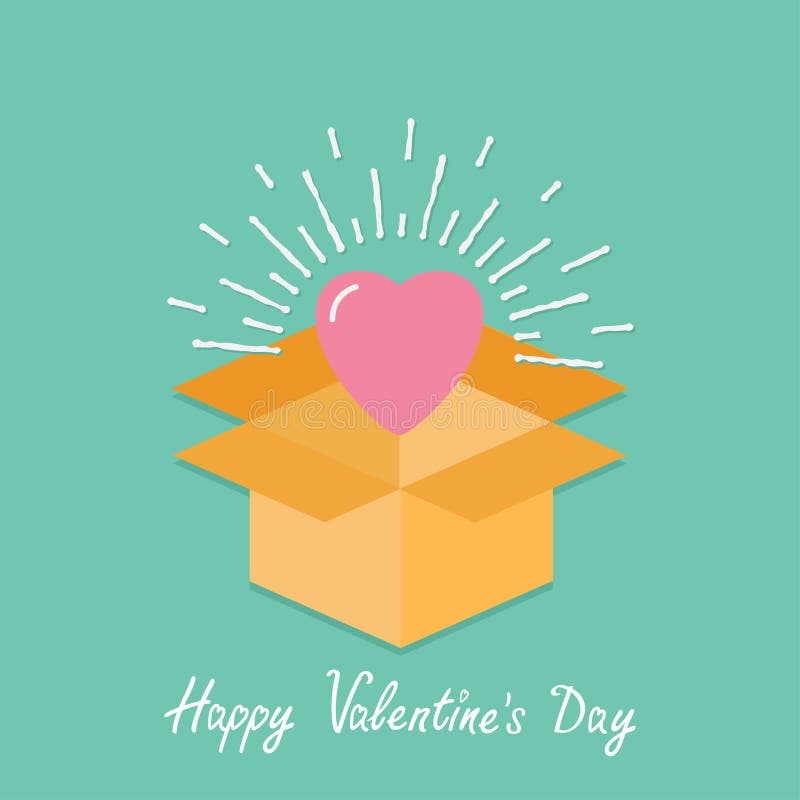 Big pink shining heart in the box. Flat design Happy Valentines day card