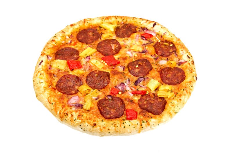 A big pizza with cheese,salami,tomatoes