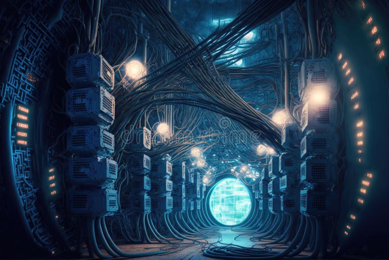 Big quantum mega computer. Computer center, fantasy cyberpunk. Wires from the computer server. 3d illustration royalty free illustration