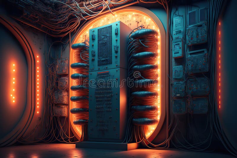 Big quantum mega computer. Computer center, fantasy cyberpunk. Wires from the computer server. 3d illustration stock illustration