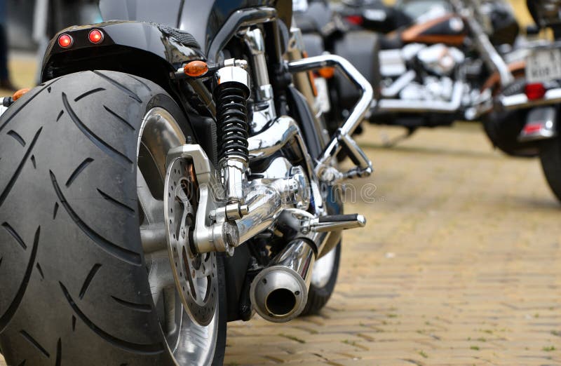Big rear tire on the bike stock photo. Image of motobike 184800704