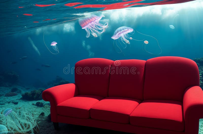 Big Red Sofa Under Water. Comfortable Couch at Bottom of Ocean, Sea. Generative AI. Stock Image