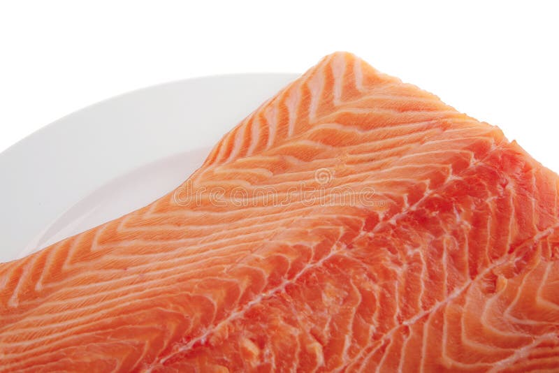 Big Salmon Fillet on White Plate Stock Image Image of leaves