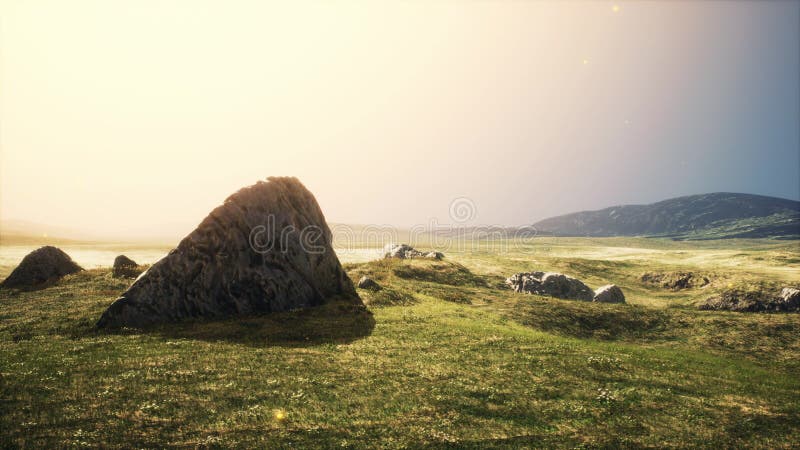 Big sand stone and green grass hill background stock illustration