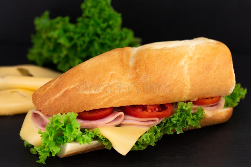 Big Sandwich with Meat and Cheese on Dark Background Stock Image Image of dinner, baguette