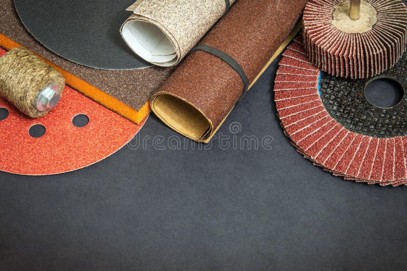 Big Set of Abrasive Tools and Multicolored Sandpaper on Black Background Stock Image Image of