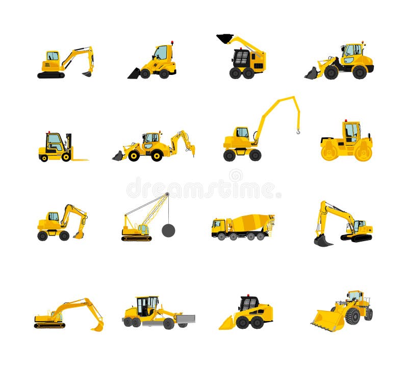 Big set of bulldozer loader vector isolated on white. Dusty digger, excavator dozer. Under construction. Building machine bager. Motor grader, Forklift cargo car, road roller, asphalt paver