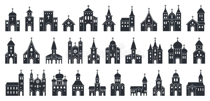 Big set of Church black icon. Vector illustration religion building silhouette