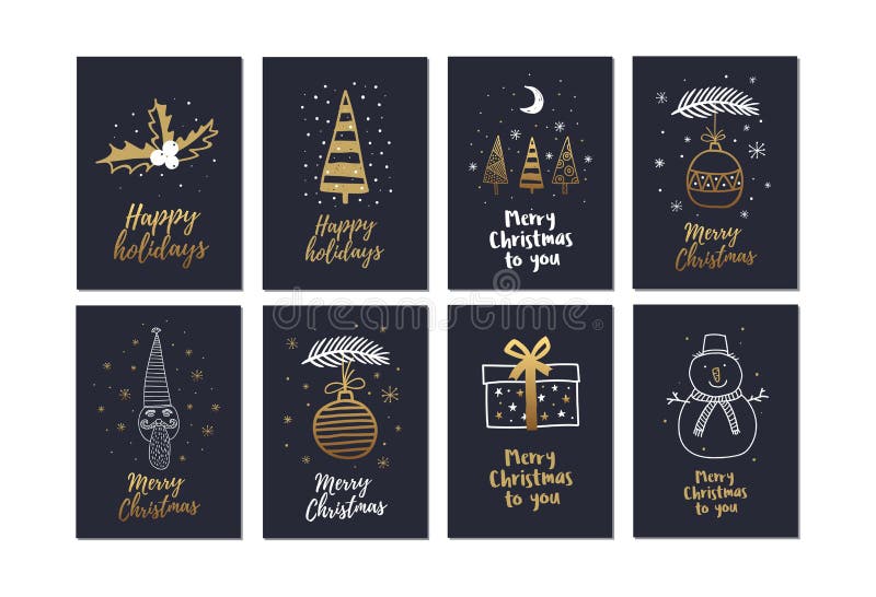 Big set of creative Christmas cards with gold hand drawn elements holiday. vector illustration Big set of creative Christmas cards with gold hand drawn elements holiday. vector illustration