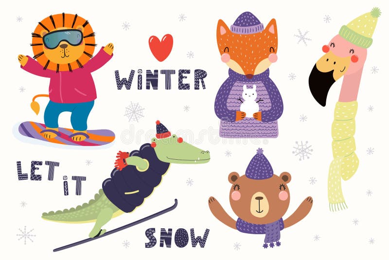 Cute animals winter set vector illustration