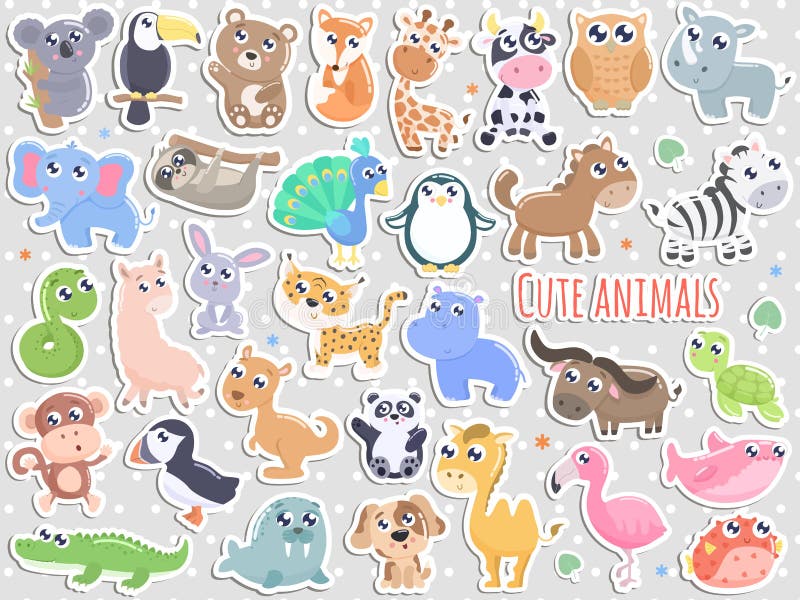 Big Set of Cute Cartoon Animal Stickers Illustration. Fl Stock Illustration  - Illustration of character, isolated: 123047670