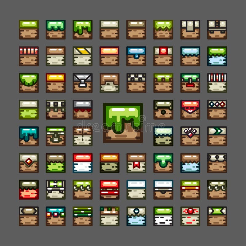 Thick line tile sets for video game set 2. Big set of 60 2D tile sets for creating video game.