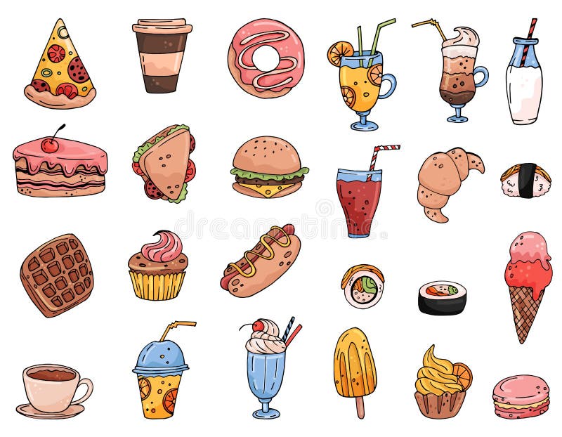 Big set elements with hand drawn food, sweets and drinks royalty free illustration