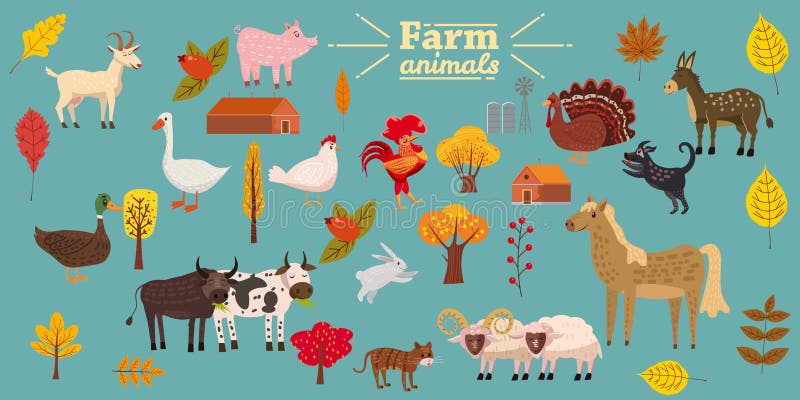 Big set of farm animals, pig, rabbit, cow, bull, cat, dog, goose, duck, turkey, donkey, goat, sheep, ram, modern