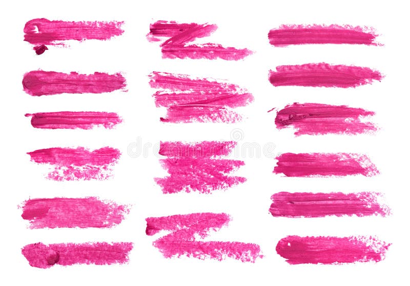 Big set of fuchsia lipstick smudge isolated on white background. Smudged makeup product sample.