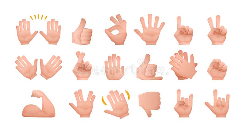 Big set of gestures of human hands, emoji hand sign, signals of people with signs, signs shown by the palm, with different emotions, non-verbal manual communication. Cartoon vector illustration. Big set of gestures of human hands, emoji hand sign, signals of people with signs, signs shown by the palm, with different emotions, non-verbal manual communication. Cartoon vector illustration.