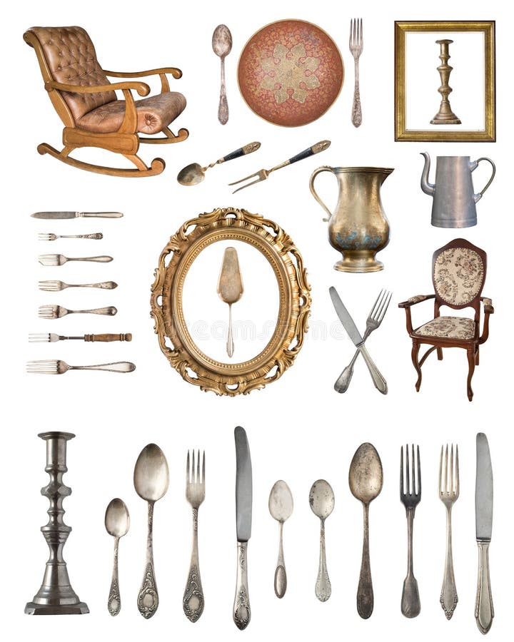 Старинная посуда и кухонные предметы. Антикварные предметы интерьера на белом фоне. Старинные математические предметы. Логотипы эксклюзивной старинной посуды.